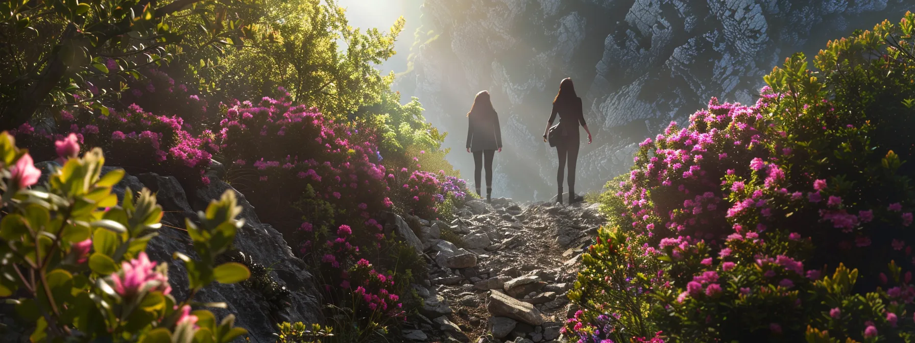 a person confidently balances on a rocky path surrounded by vibrant, blooming flowers, symbolizing personal growth and transformation through psych-k techniques.