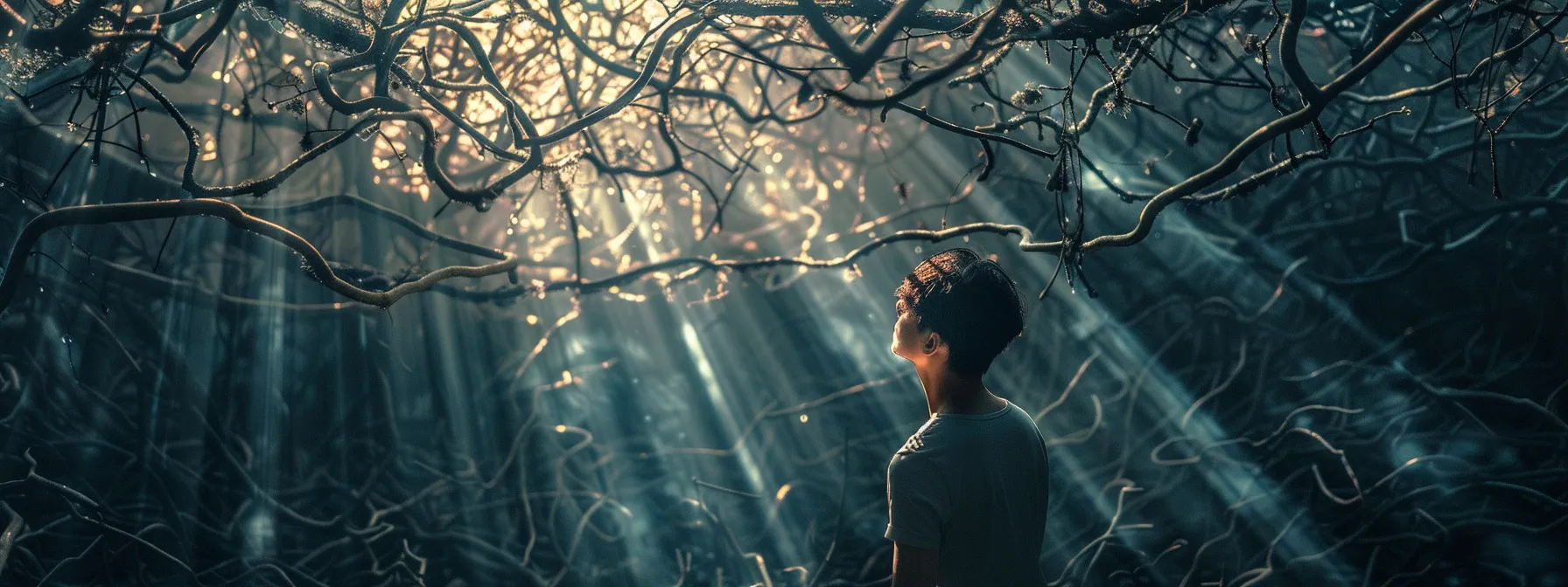 a person looking at a tangled mess of black vines symbolizing negative beliefs, with rays of light breaking through to represent personal growth.