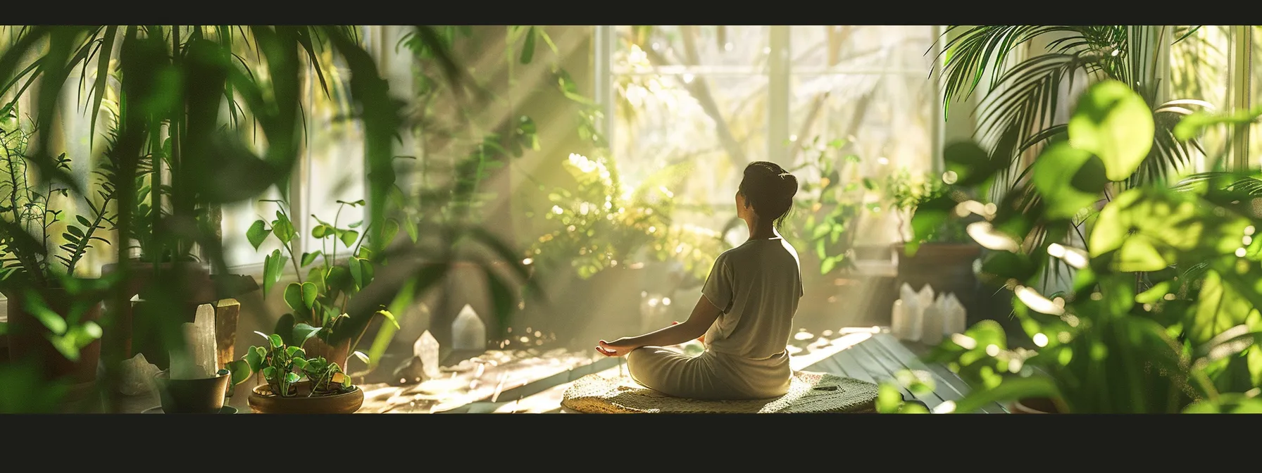 a person meditating in a serene, sunlit room surrounded by lush green plants and calming crystals, embodying the mind-body connection through psych-k practices.