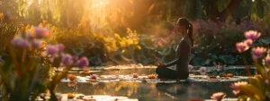 a person peacefully meditating in a serene garden surrounded by blooming flowers and a tranquil pond, using heartmath tools to unlock stress relief.