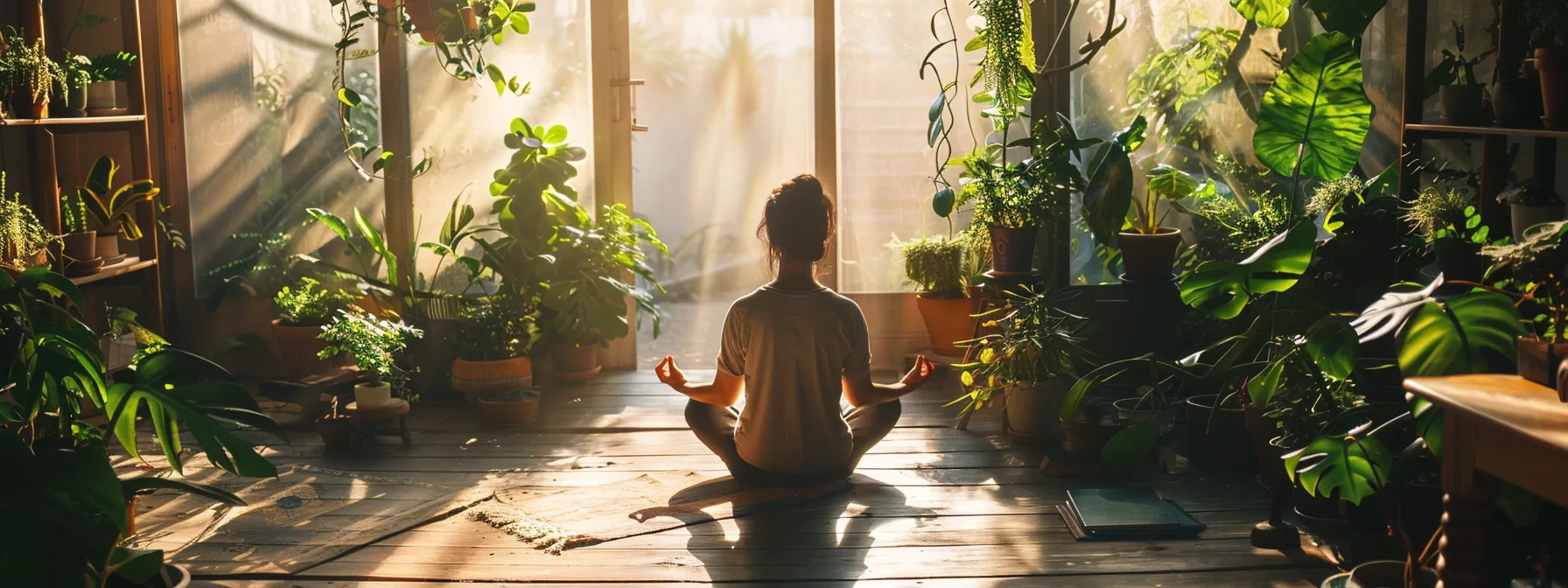 a person peacefully meditating in a sunlit room surrounded by plants and calming elements to integrate psych-k practices into daily life.