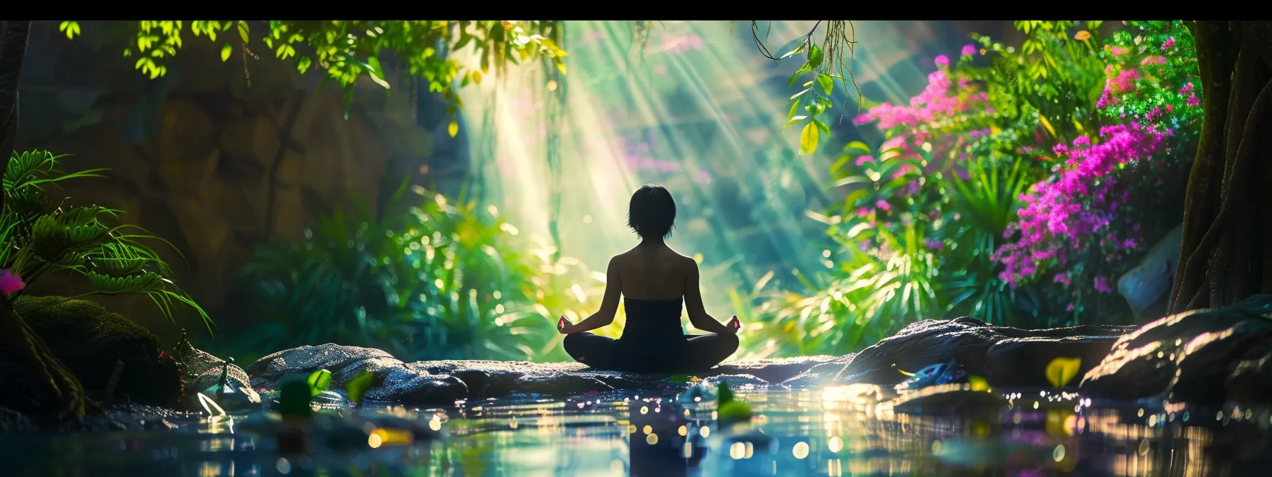 a person peacefully meditating in a serene natural setting, surrounded by vibrant colors and lush greenery, embodying inner peace and transformation through psych-k practices.