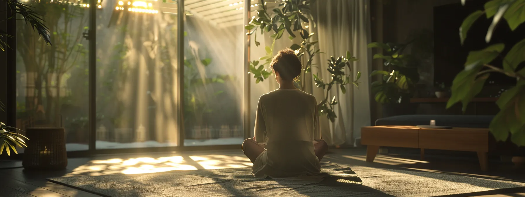 a person peacefully practicing heartmath resilience techniques in a serene home environment.