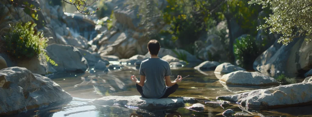 a person practicing heartmath exercises surrounded by a serene, nature-inspired setting.