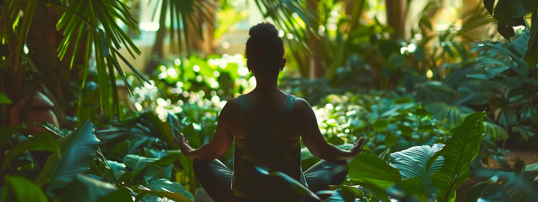 a person practicing psych-k surrounded by vibrant greenery, exuding a sense of peace and vitality.