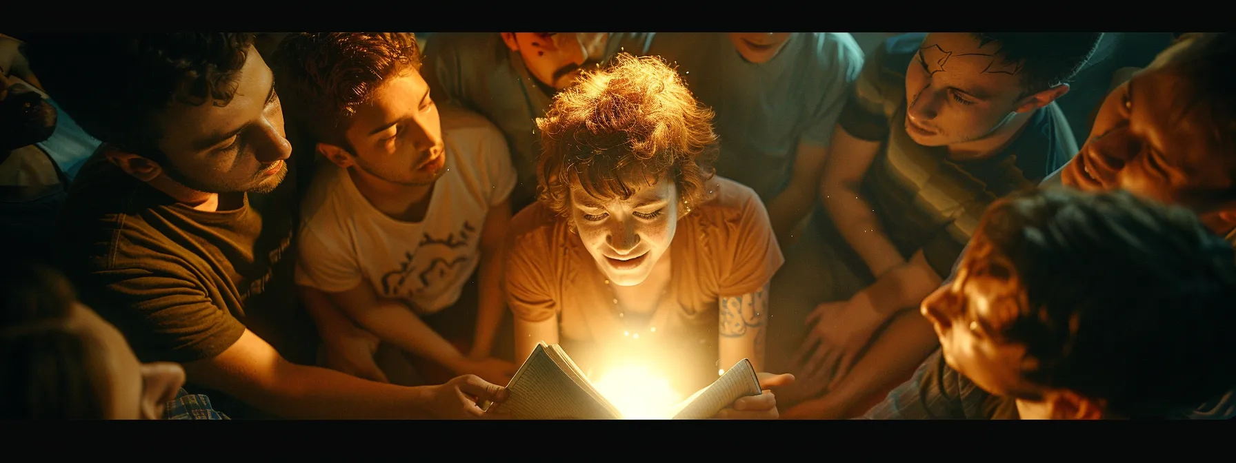 a person reflecting on their emotional journey with a journal in hand, surrounded by a circle of supportive friends cheering them on.