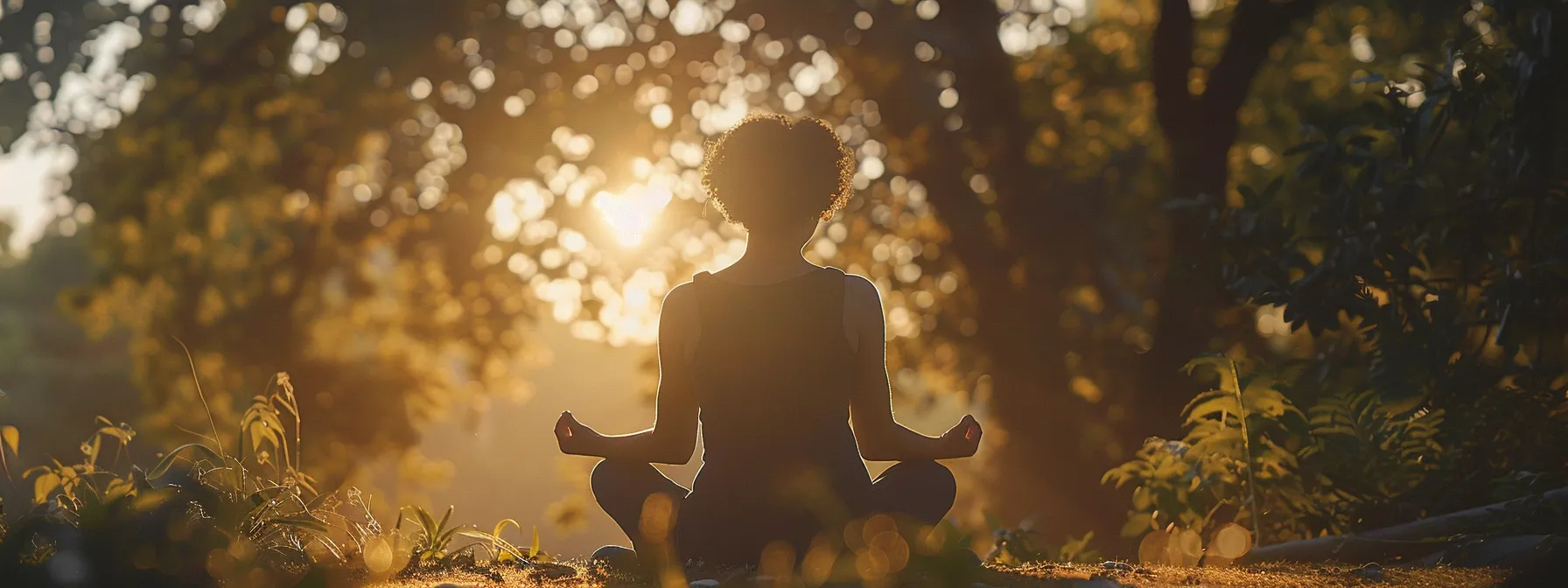 a person serenely practicing heartmath exercises in a peaceful natural setting, surrounded by trees and sunlight.