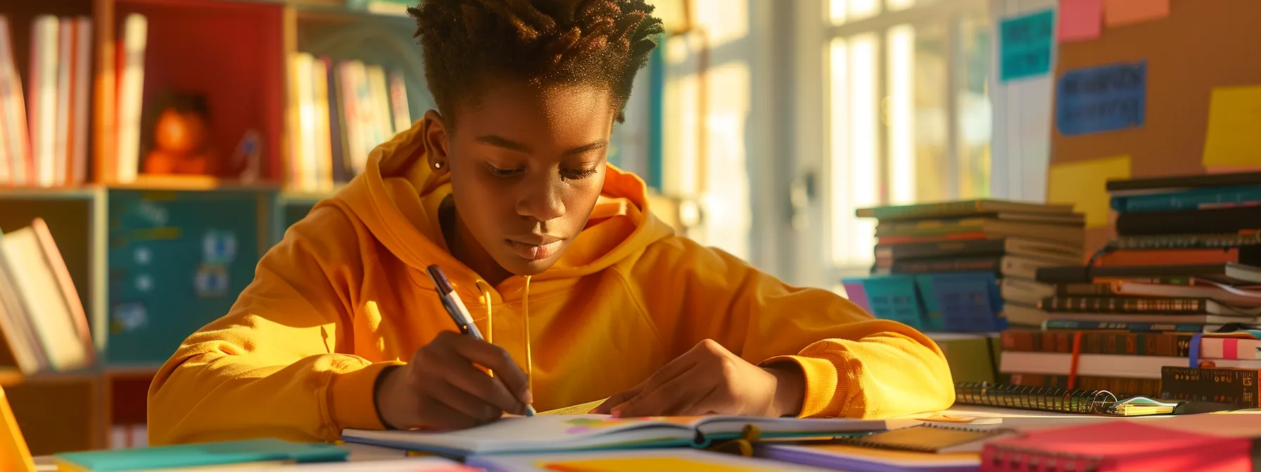 a person sitting at a desk, surrounded by colorful notebooks and pens, writing down personal growth goals with a look of determination on their face.