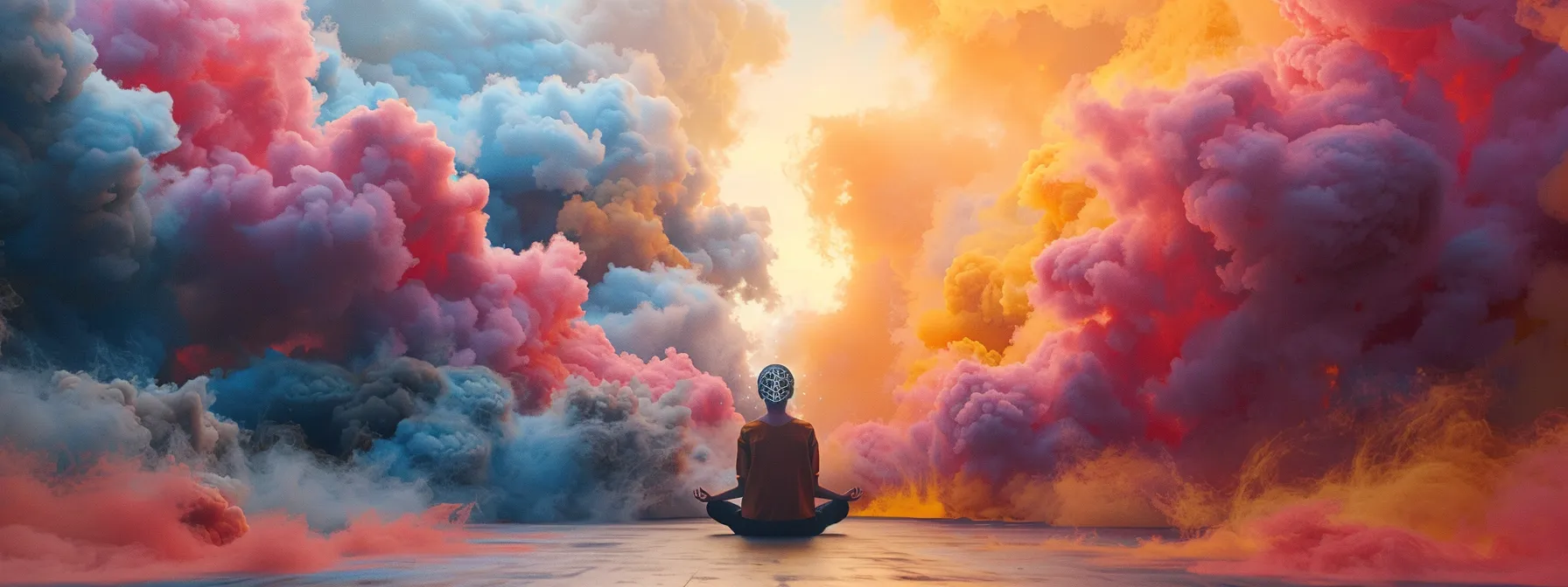 a person sitting in meditation, surrounded by colorful brain-shaped clouds, symbolizing cognitive science and biology enhancing intelligence in conflict resolution and mass communication.