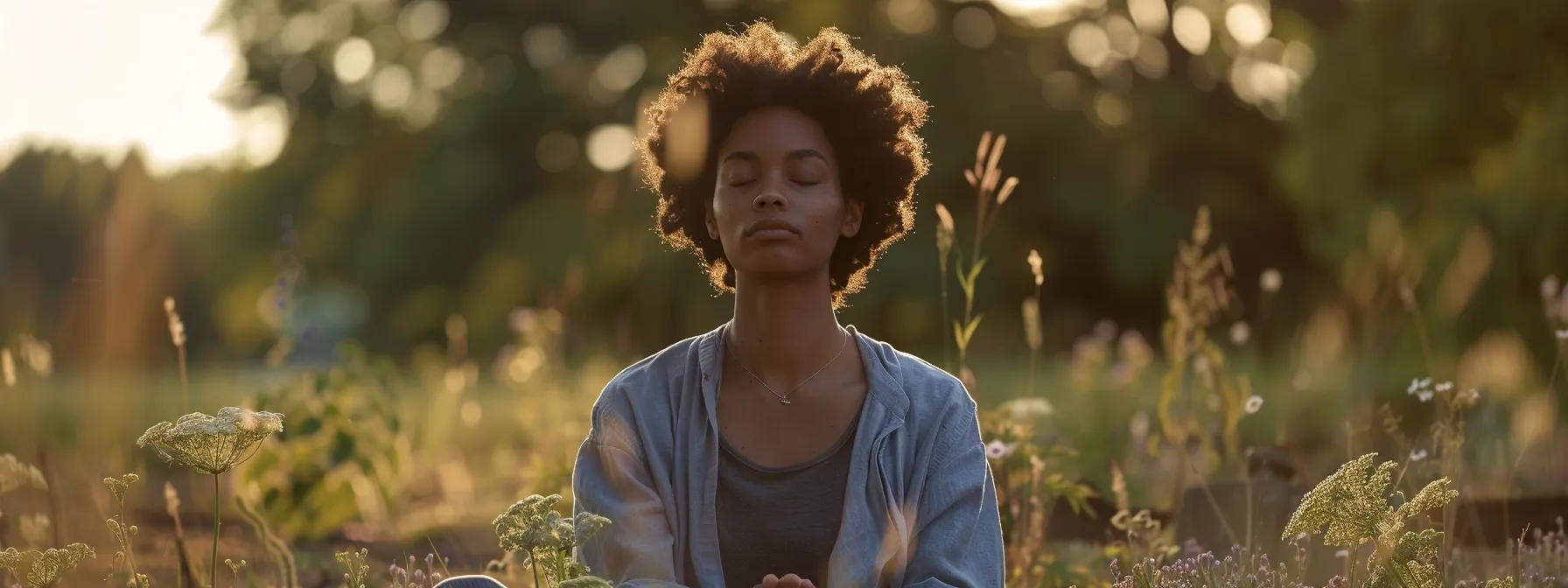 a person sitting peacefully with closed eyes, practicing heart-focused breathing, surrounded by a calming, serene natural environment.