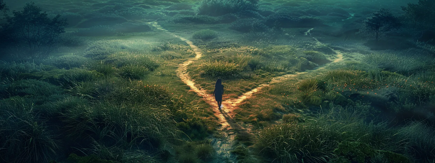 a person standing at a crossroads, with one path leading to a dark forest symbolizing limiting beliefs, and another path leading to a vibrant meadow symbolizing growth and empowerment.