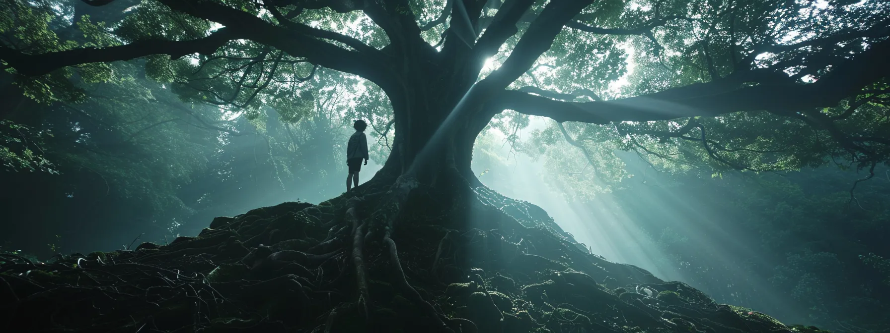 a person standing at the base of a tree, with roots symbolizing the origins and philosophy of psych-k, while branches reaching up represent the transformative approach and empowerment it offers.