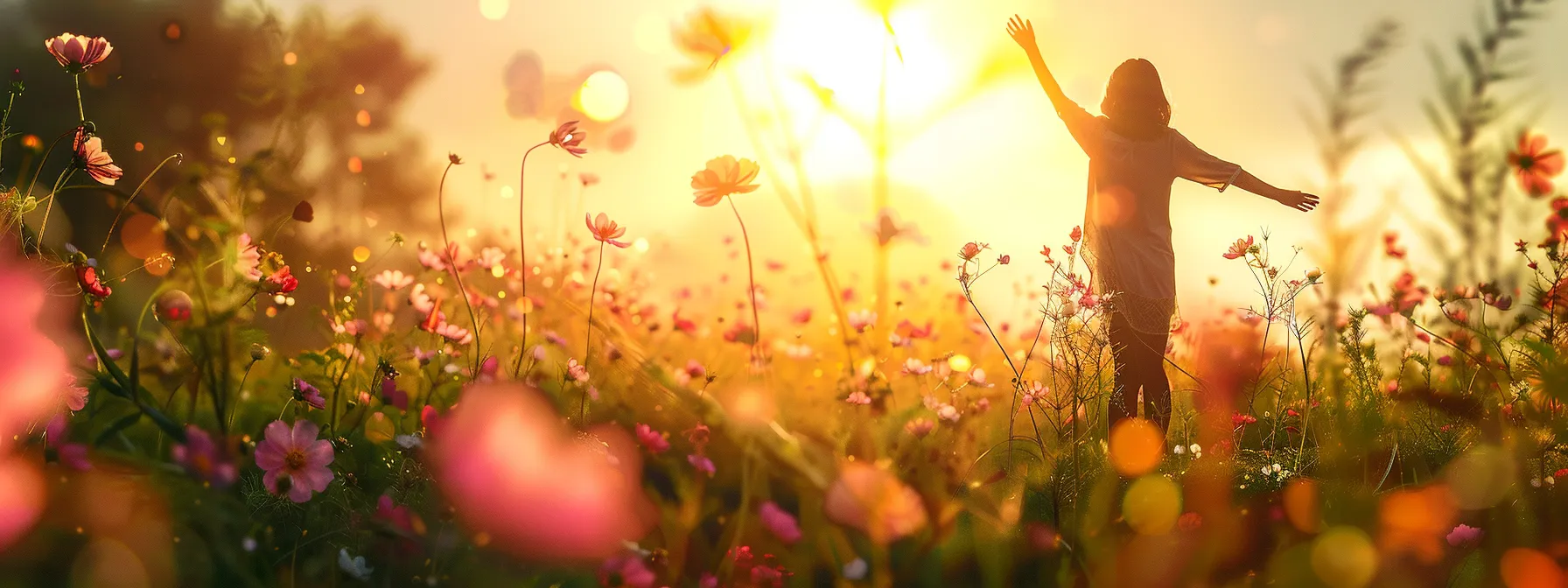 a person standing confidently in a field, surrounded by blooming flowers and reaching towards a bright, glowing light.