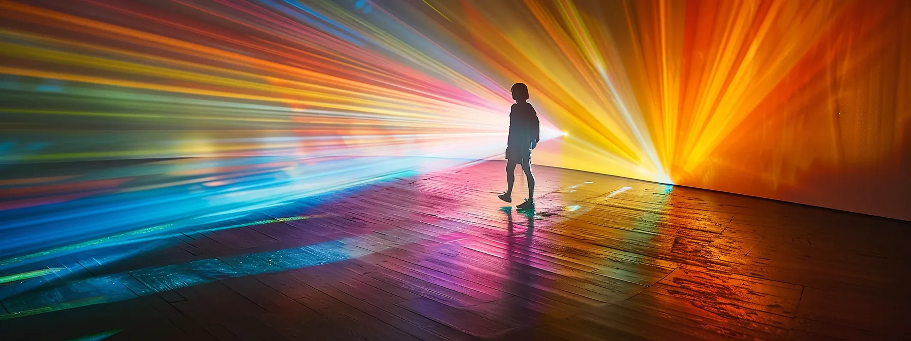 a person standing in a beam of colorful light, symbolizing the transformation and connection between conscious intentions and subconscious beliefs through psych-k.