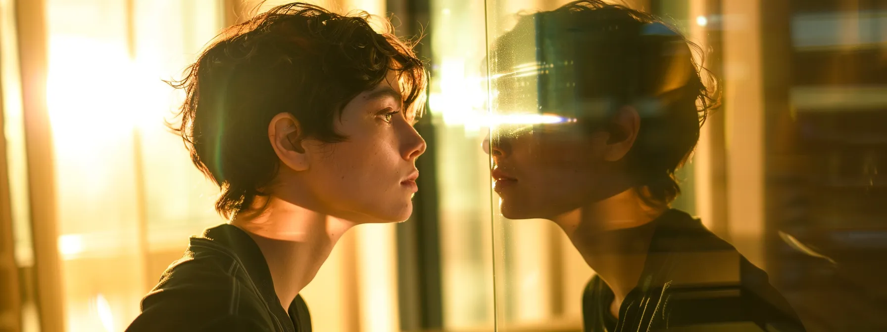 a person standing in front of a mirror, looking at their reflection with a confident and determined expression, symbolizing personal growth and self-transformation through psych-k.