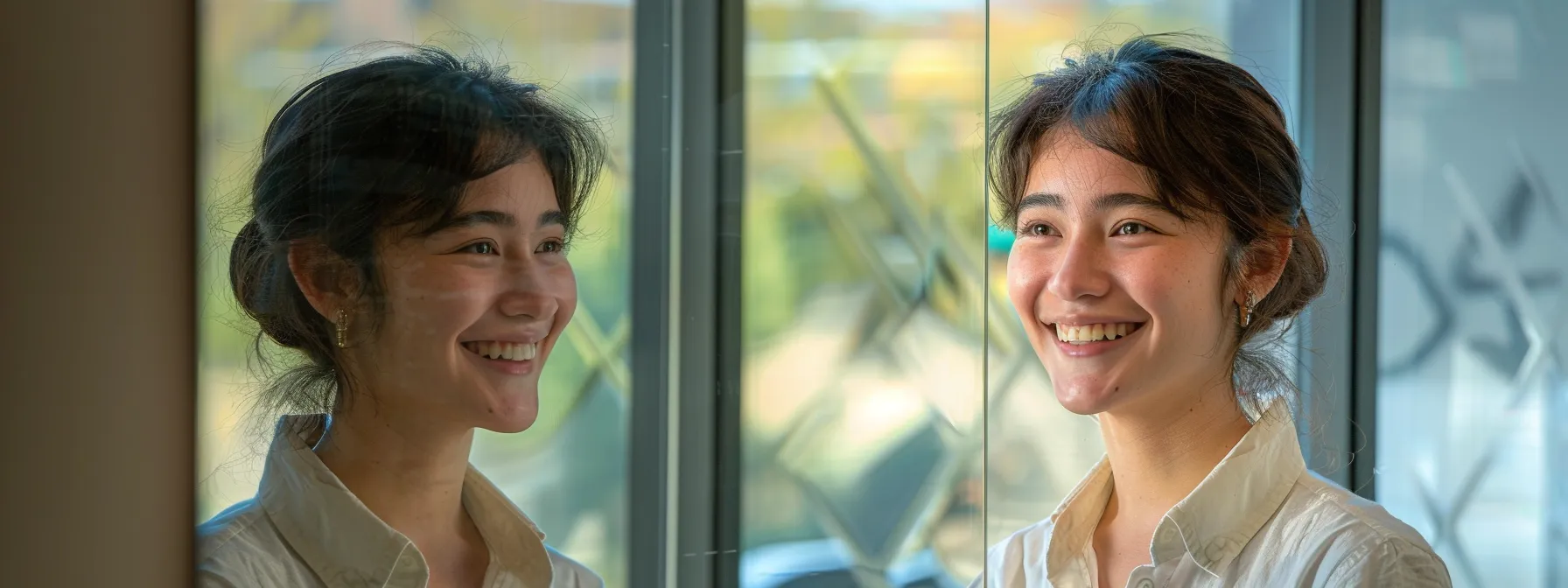 a person standing in front of a mirror, confidently smiling and looking empowered after a psych-k session.