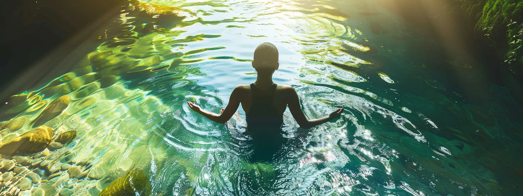 a person surrounded by a serene, flowing river, with vibrant greenery and clear blue skies overhead, embodying holistic healing and subconscious reprogramming through advanced psych-k training.