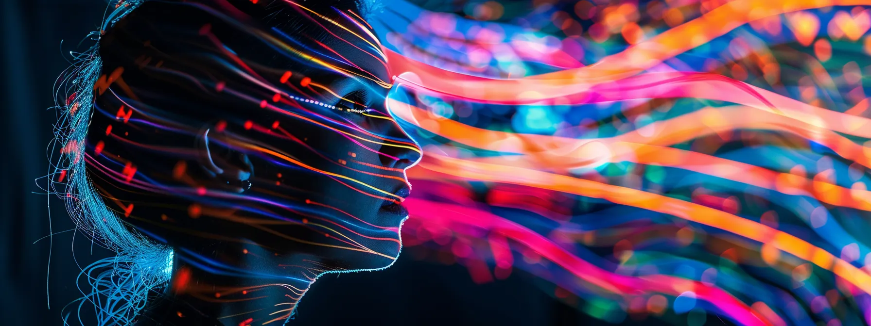 a person surrounded by colorful brainwave patterns, symbolizing the rewiring process for positive change and transformation through psych-k techniques.