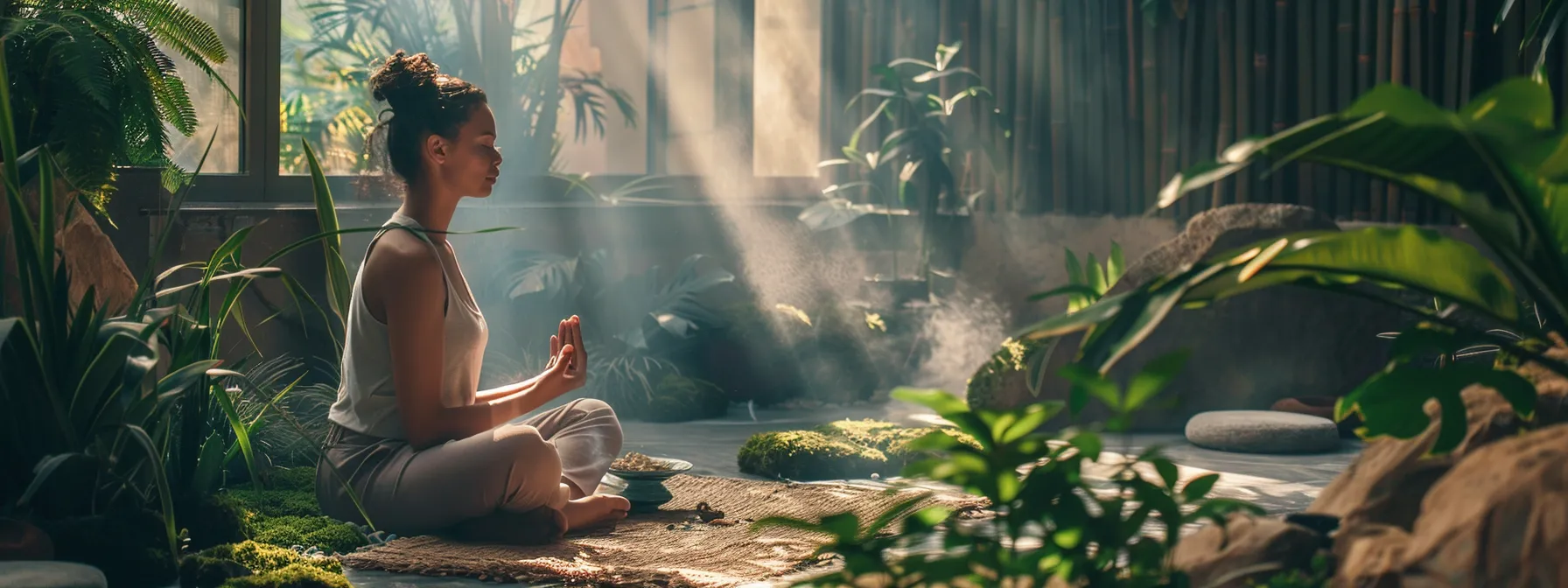 a person surrounded by calming colors and natural elements, practicing psych-k and reiki techniques to enhance emotional well-being.