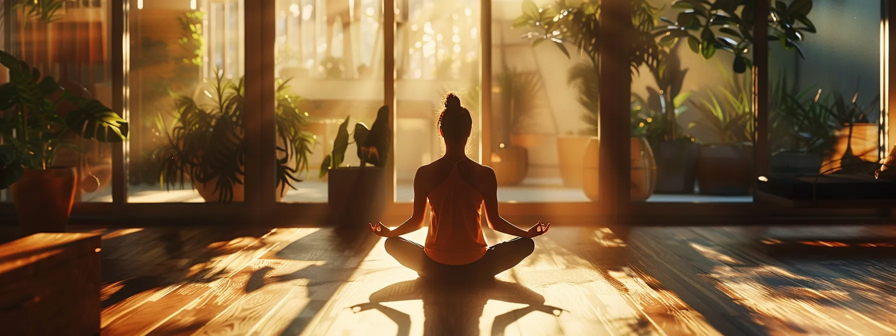 a serene individual meditating in a sunlit room with a peaceful expression, surrounded by nature-inspired decor.