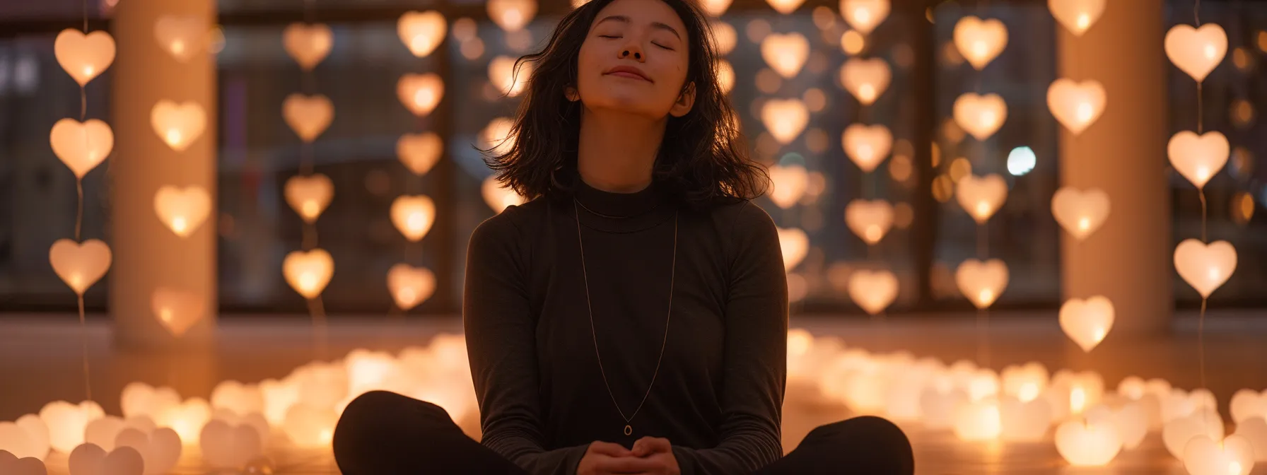 a serene individual sitting cross-legged, eyes closed, surrounded by glowing heart-shaped lights, symbolizing the harmony between heart and mind in heartmath meditation.