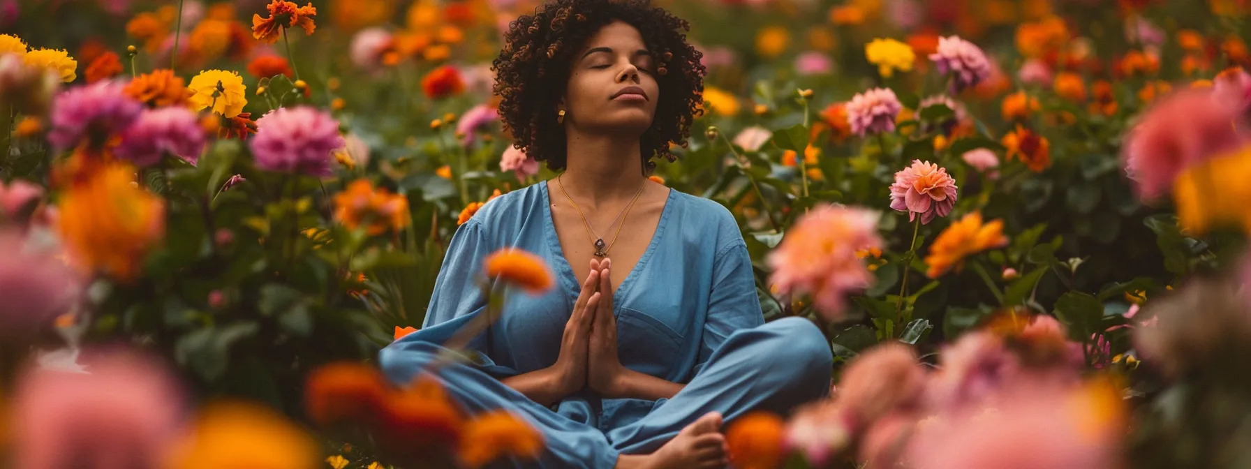 a serene individual surrounded by vibrant blossoming flowers, exuding a sense of peace and empowerment after a transformative session with psych-k.