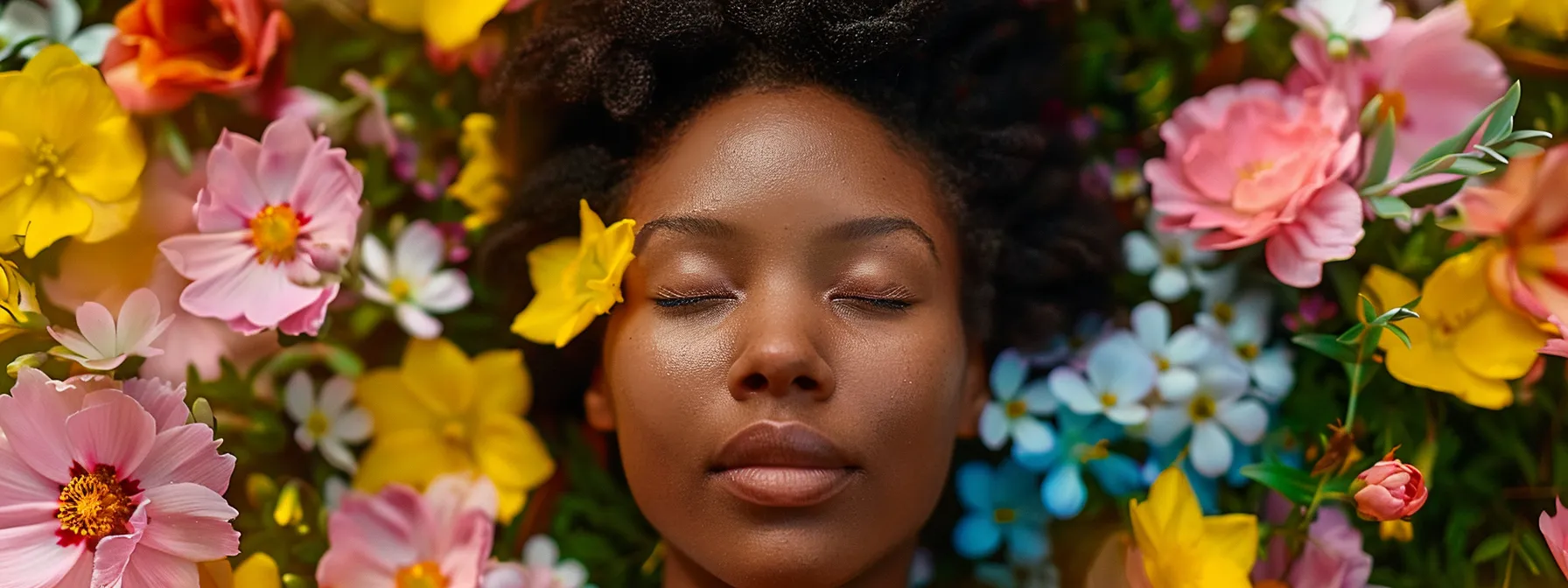 a serene, peaceful person surrounded by colorful blossoming flowers, radiating a sense of inner strength and positivity after practicing psych-k techniques for mental health.