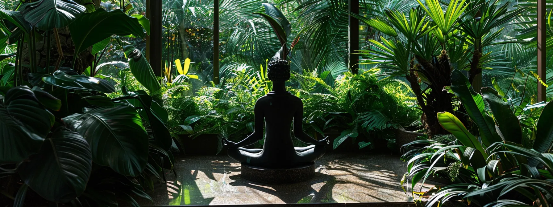 a serene, peaceful setting with a person meditating surrounded by vibrant green plants, symbolizing the transformation and inner peace that can be achieved through psych-k.