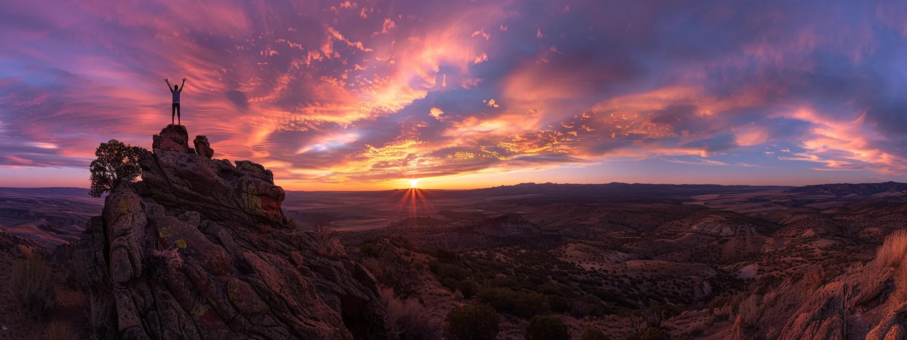 an individual standing confidently on top of a mountain, arms raised in triumph, overlooking a stunning sunset, symbolizing empowerment and personal growth through psych-k.