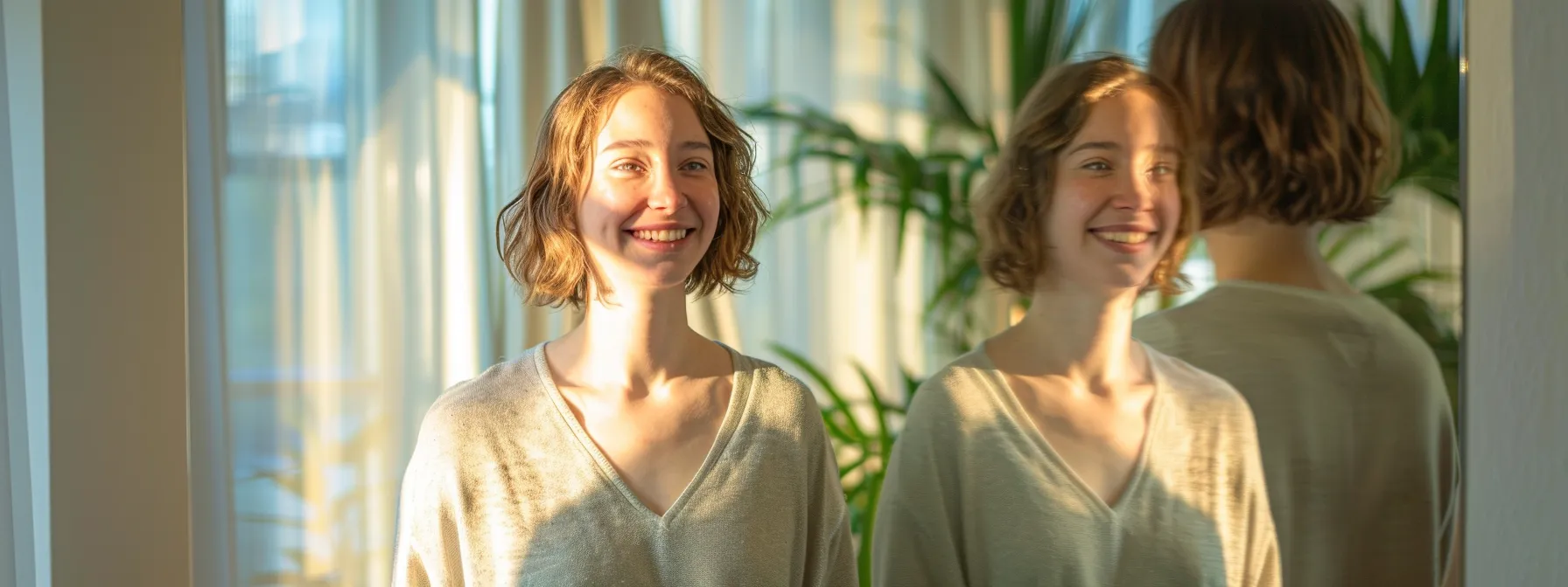 a beaming individual standing proudly in front of a mirror, radiating confidence and joy after embracing the power of positive thinking.