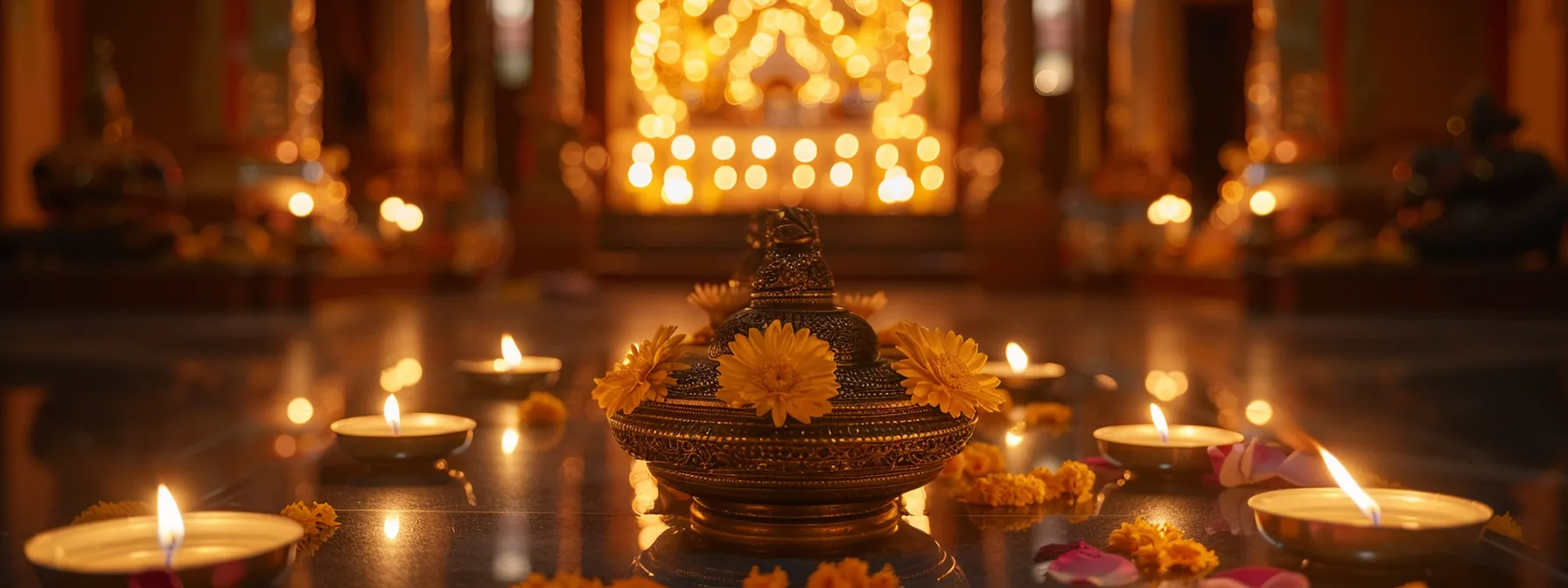 a beautiful, serene altar adorned with carefully arranged eleven mukhi rudraksha beads under soft, golden candlelight.