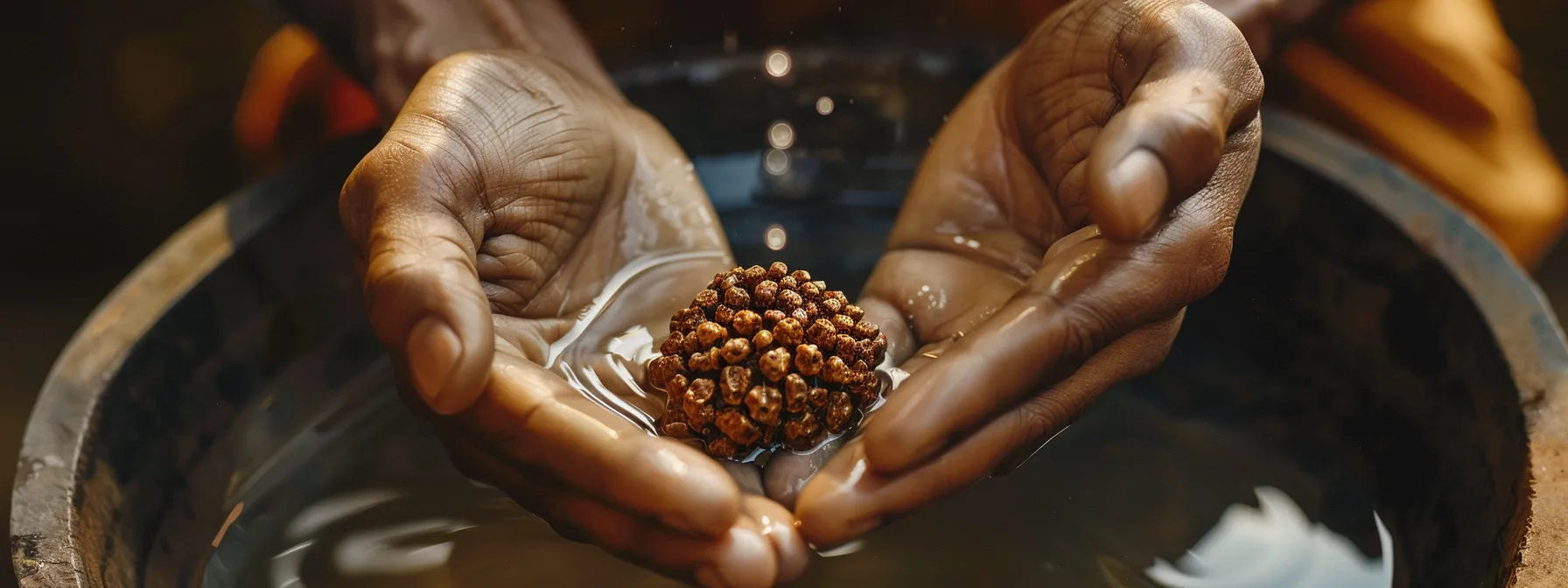 a beautiful shiny one mukhi rudraksha pendant being gently cleaned and polished by a pair of hands, reflecting the importance of proper care for its spiritual impact and energy.