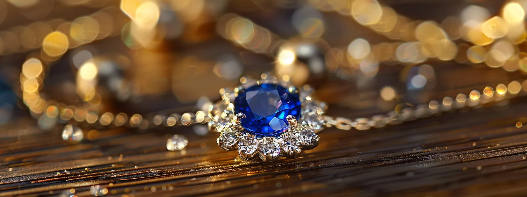 a breathtaking blue sapphire pendant, surrounded by sparkling diamonds, glows under the gentle light, showcasing its timeless elegance and sophistication.