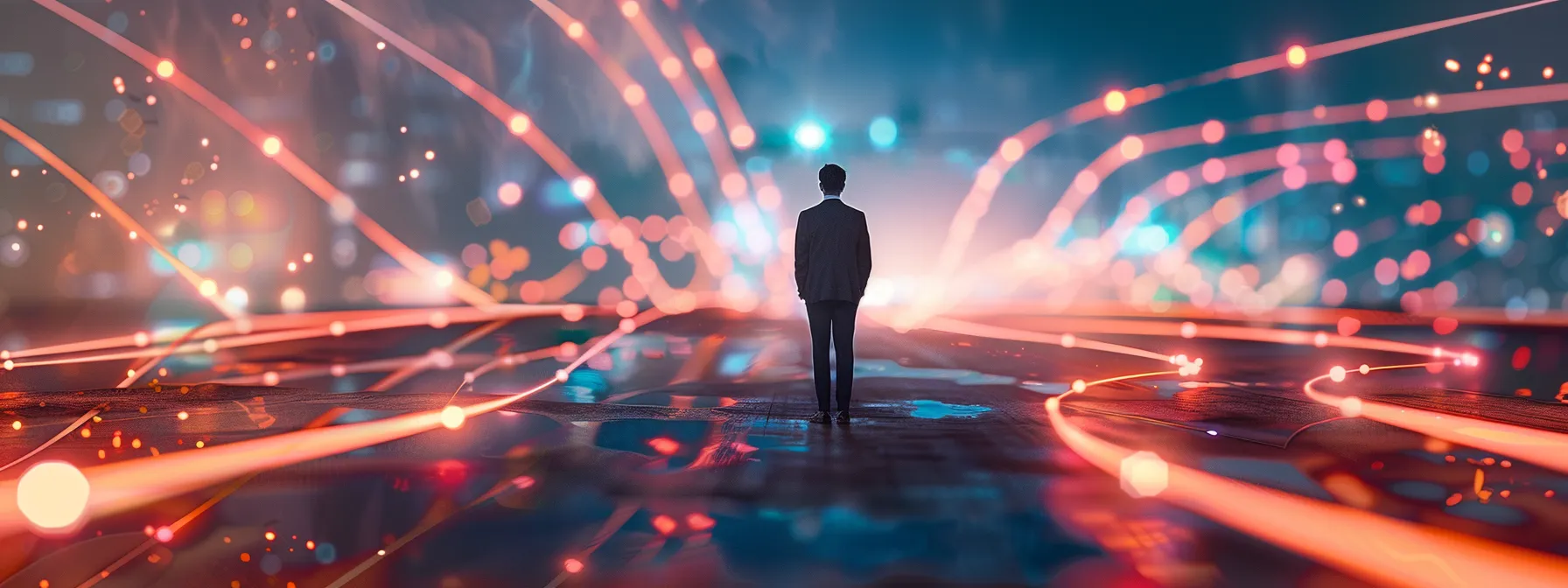 a businessman standing at a crossroads, contemplating between traditional paths and a futuristic holographic leap forward for business growth.