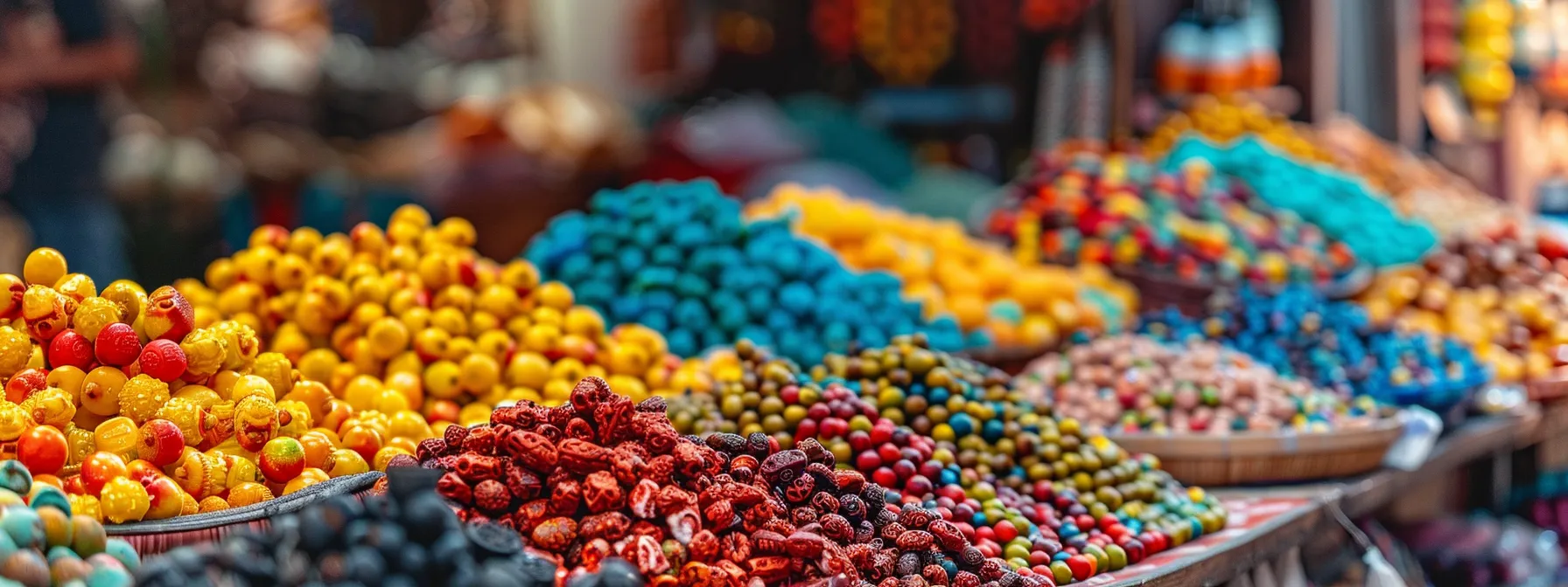 a bustling market stall overflowing with colorful fifteen mukhi rudraksha beads, attracting the attention of intrigued shoppers.