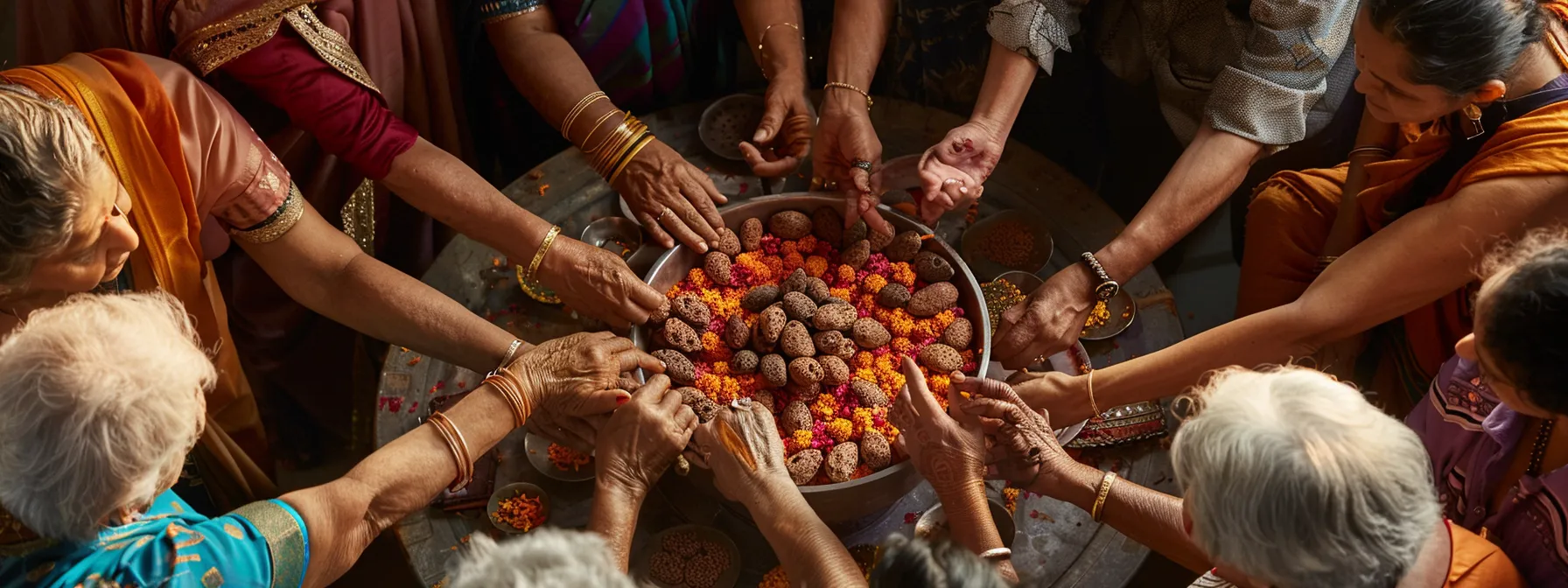 a captivating image of a diverse group of people from different cultures and backgrounds, coming together to admire a beautiful piece of rudraksha art.