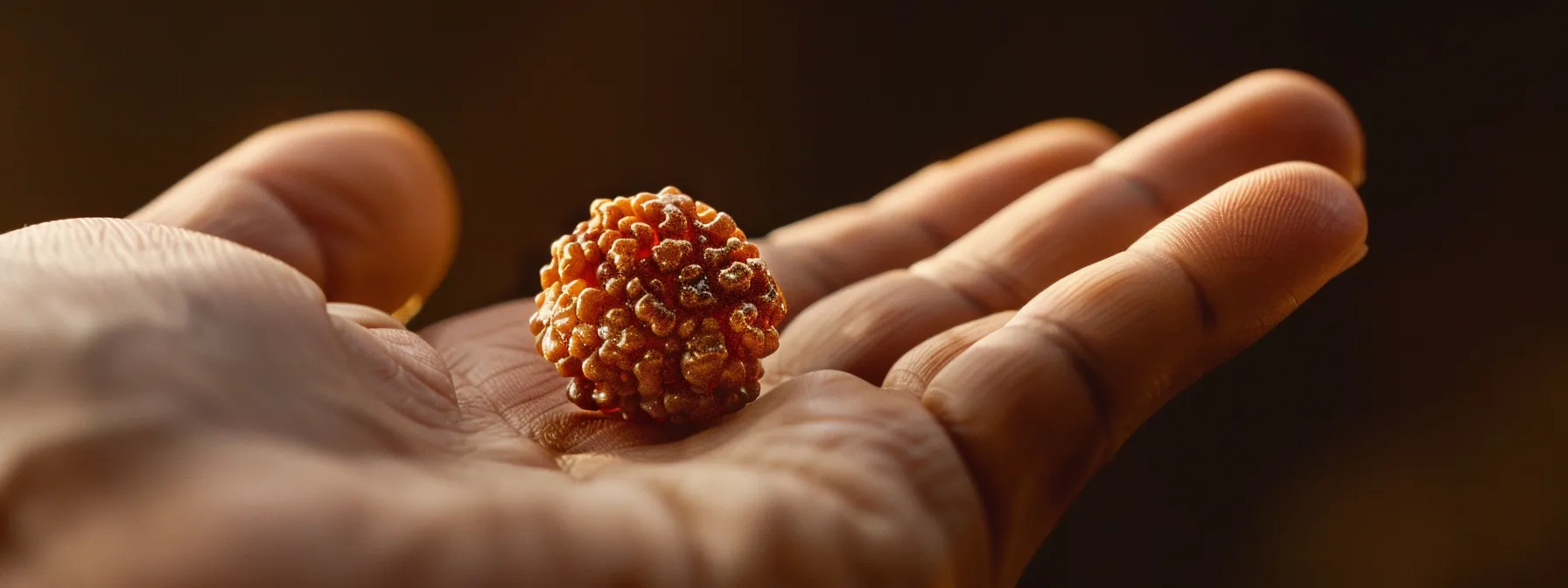 a close-up photo of a sparkling nineteen mukhi rudraksha bead being gently inspected for signs of wear, held in the palm of a hand.