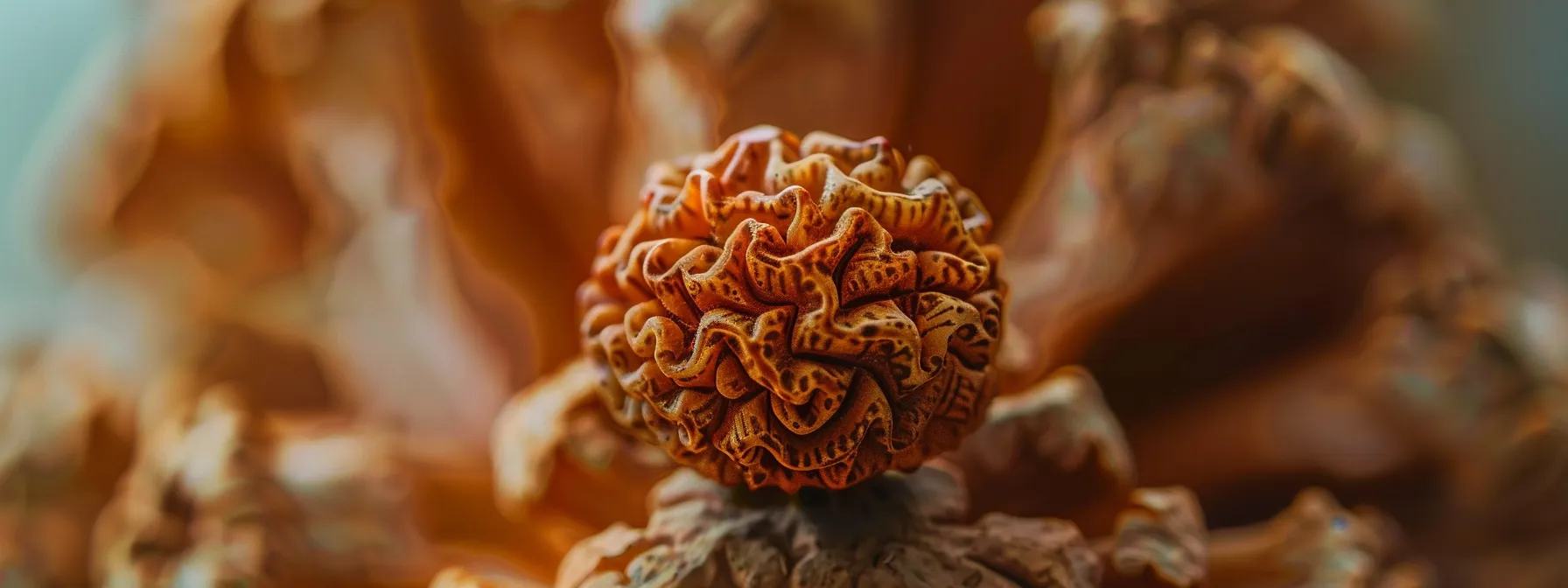 a close-up photo of a genuine six mukhi rudraksha showcasing consistent mukhi lines, natural color indicators, and intricate seed structure.