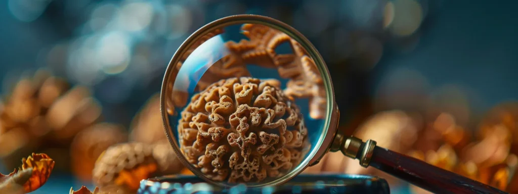 a close-up photo of a magnifying glass inspecting the intricate details of a rare nineteen mukhi rudraksha bead.