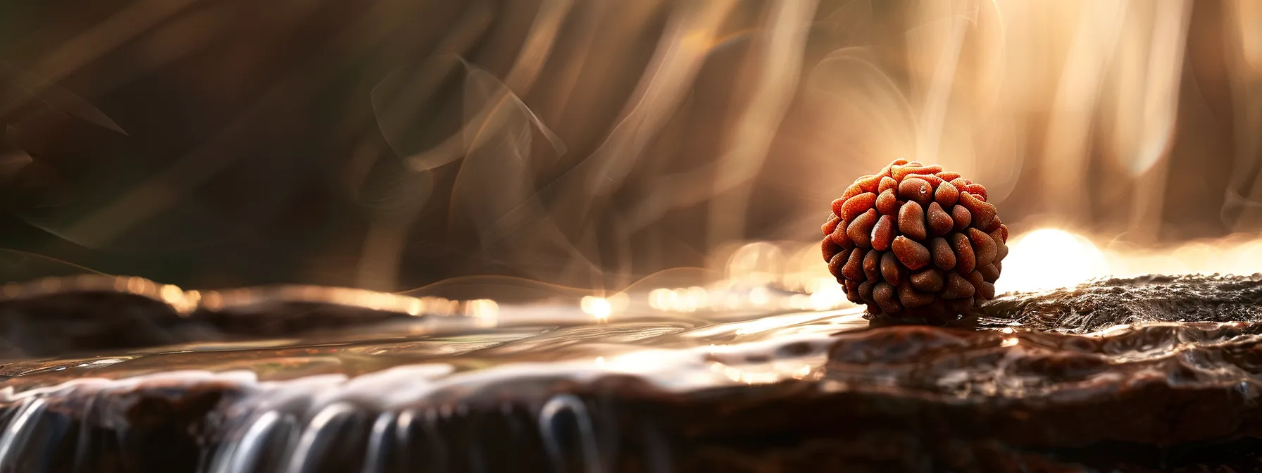 a close-up photo of a single rudraksha bead, showcasing its intricate texture and spiritual significance.