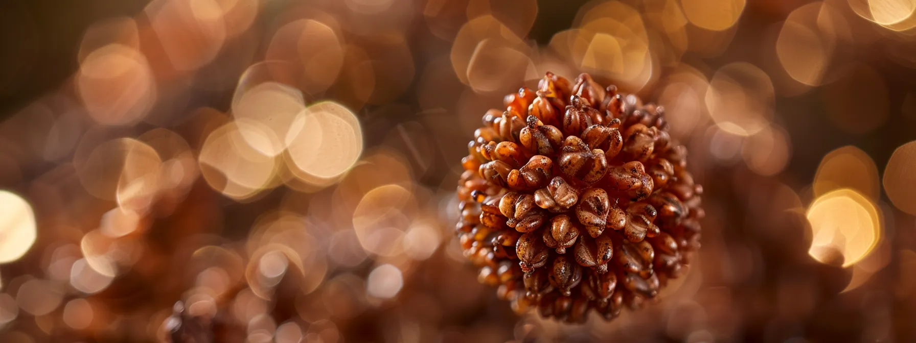 a close-up photo of a twenty one mukhi rudraksha bead, showcasing its intricate and unique physical characteristics for authentication.