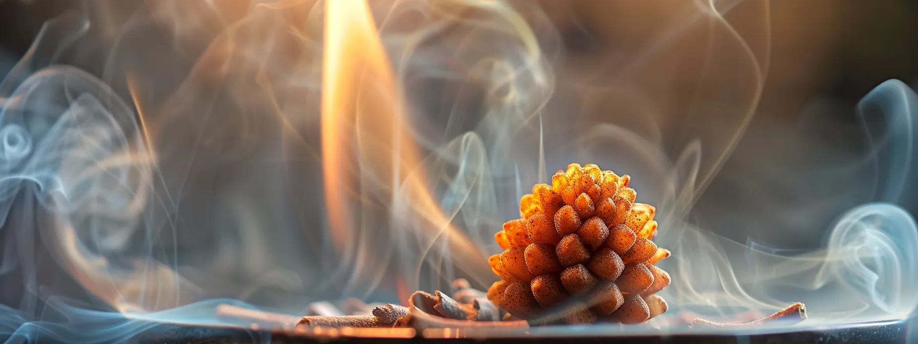 a close-up photo of a shimmering rudraksha bead shining with spiritual energy, surrounded by cleansing incense smoke.