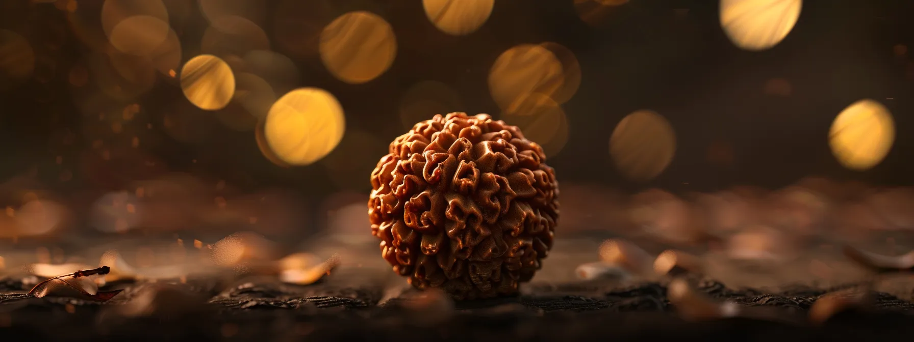 a close-up shot of a luminescent eight mukhi rudraksha bead, radiating a peaceful aura against a dark background.