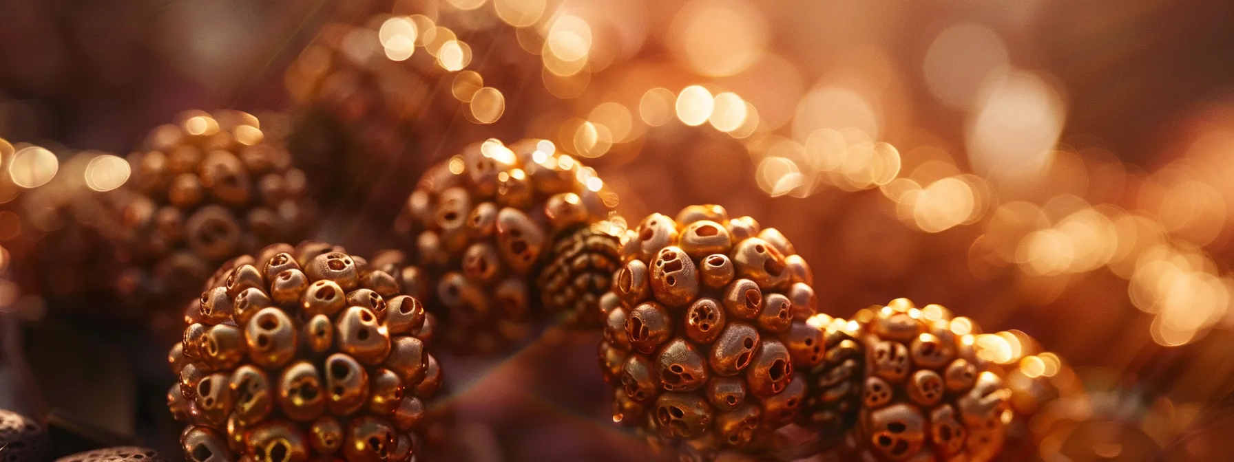 a close-up photo of the intricate twenty mukhi rudraksha prayer beads, showcasing their spiritual and therapeutic significance with a beautiful blend of materials like copper, shaligram, and vishnu associations.