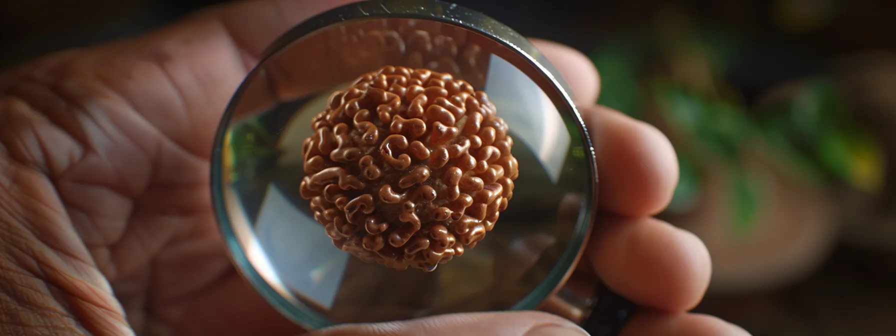 a close-up of a textured, round nineteen mukhi rudraksha bead resting on a hand with a magnifying glass examining its intricate details.