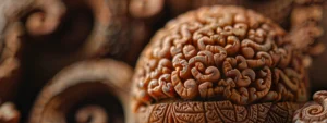 a close-up shot of a beautiful, intricate eight mukhi rudraksha bead with unique patterns and textures, symbolizing authenticity and spirituality.