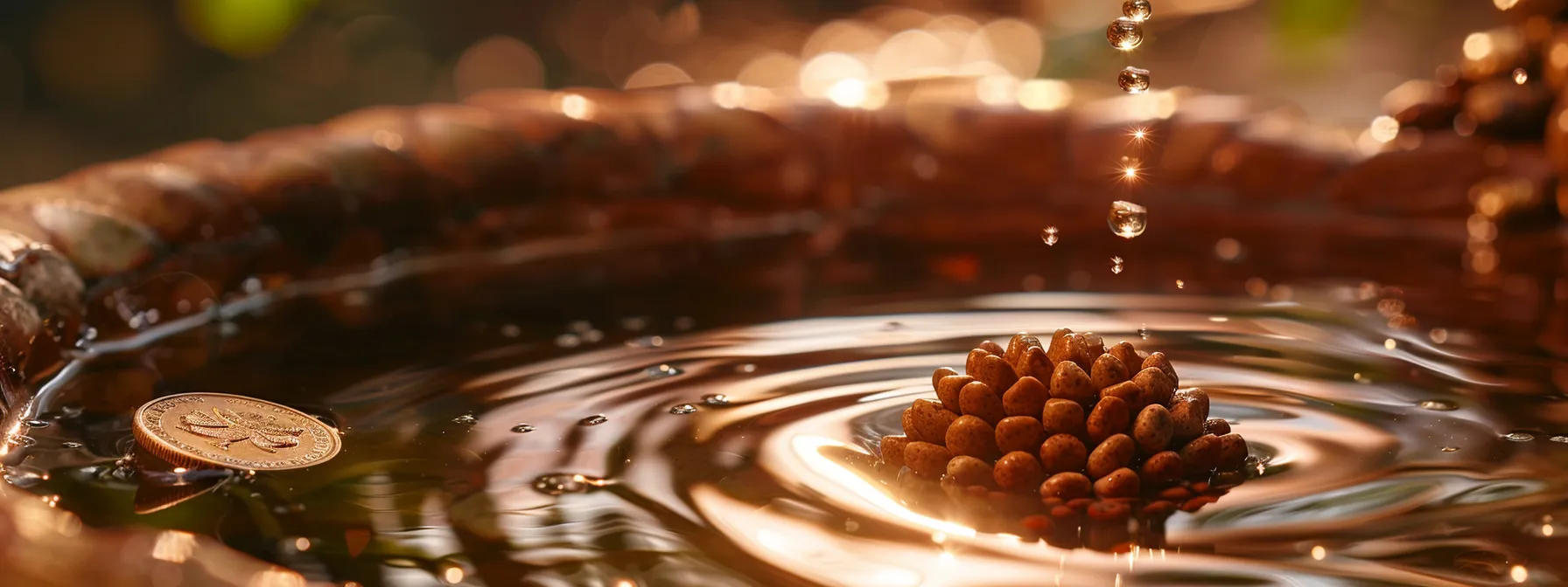 a close-up photo of a ten mukhi rudraksha pendant gently floating in a bowl of water with a shimmering copper coin nearby.