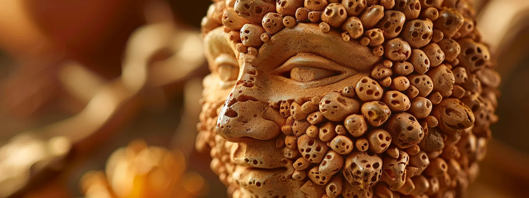 a close-up photo showcasing the intricate fourteen natural faces, surface texture, and natural markings of a genuine fourteen mukhi rudraksha bead, highlighting its unique features for authenticity and spiritual significance.