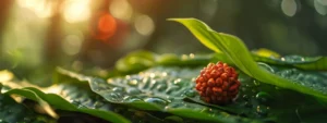 a close-up shot of a vibrant, three-faced rudraksha bead resting on a bed of green leaves, illuminated by soft natural light.