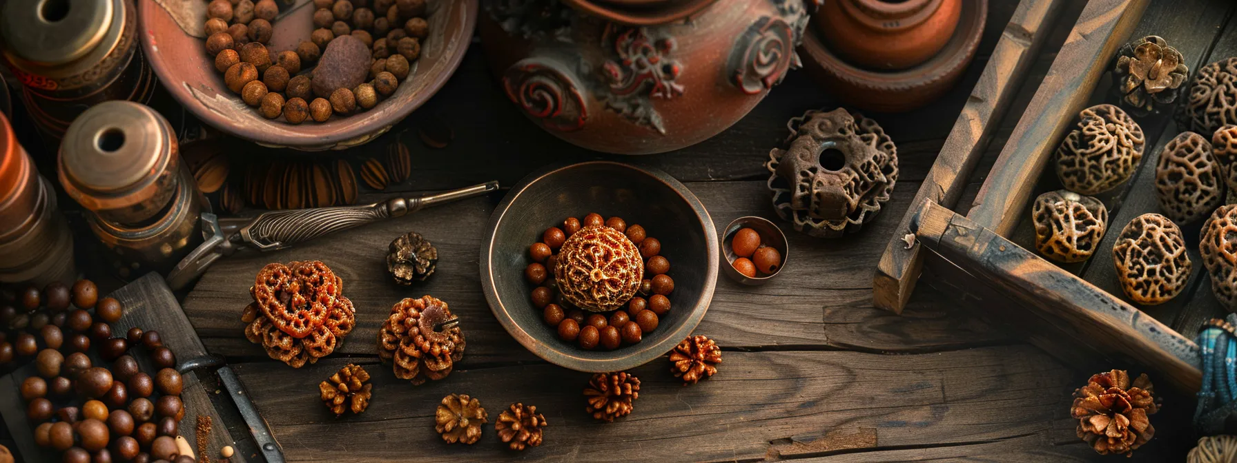 a close-up shot of a well-preserved ten mukhi rudraksha bead shimmering with energy, surrounded by carefully organized storage containers and tools.